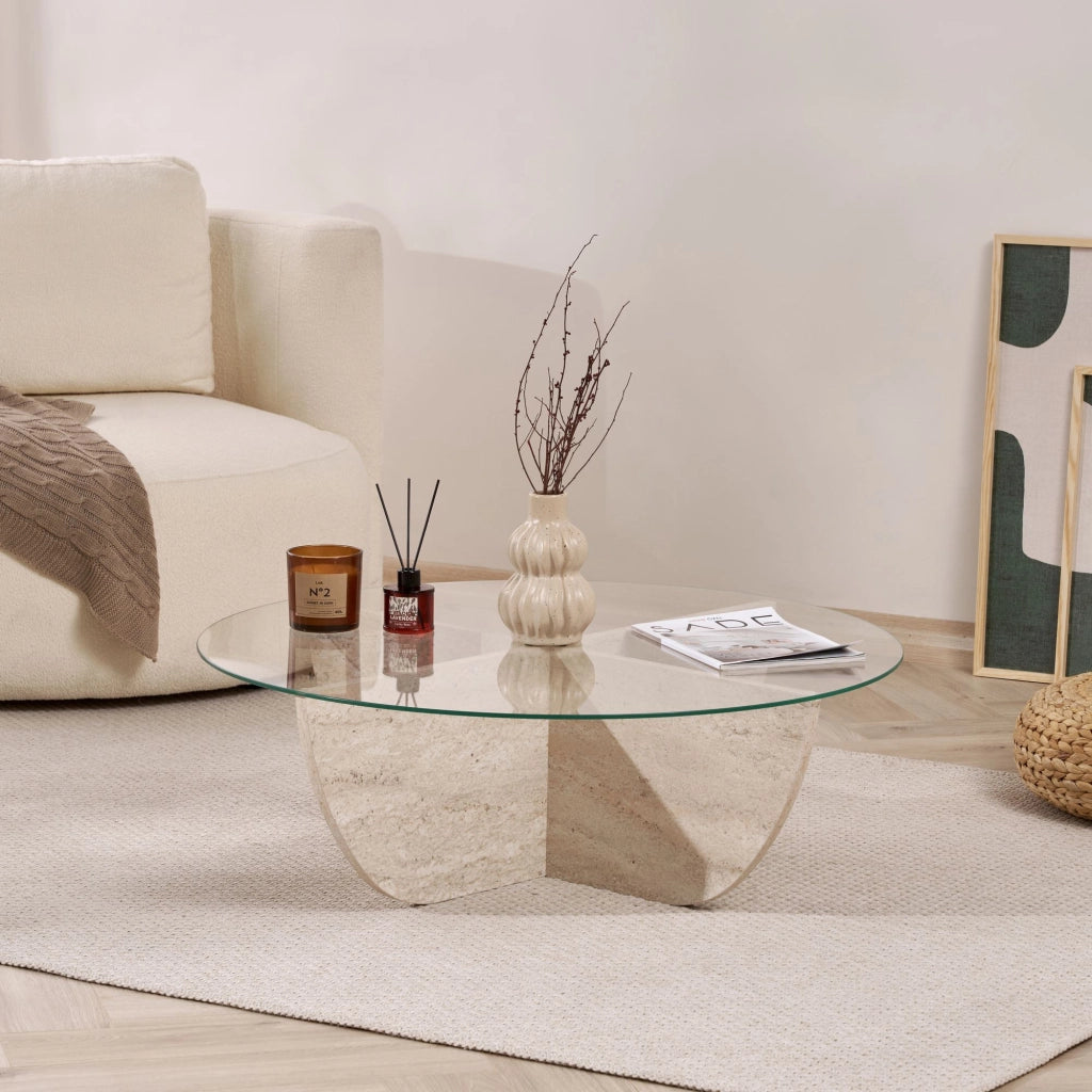 Tavolino in vetro "Liya" 90 x 90 x 30 cm - Travertino