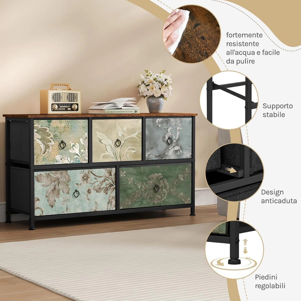 Cassettiera, 5 Cassetti per Camera da Letto/Corridoio/Soggiorno, Marrone Rustico e Nero con Motivo Fiore retrò, Struttura in Metallo, 100x30x54cm, SSK005pw