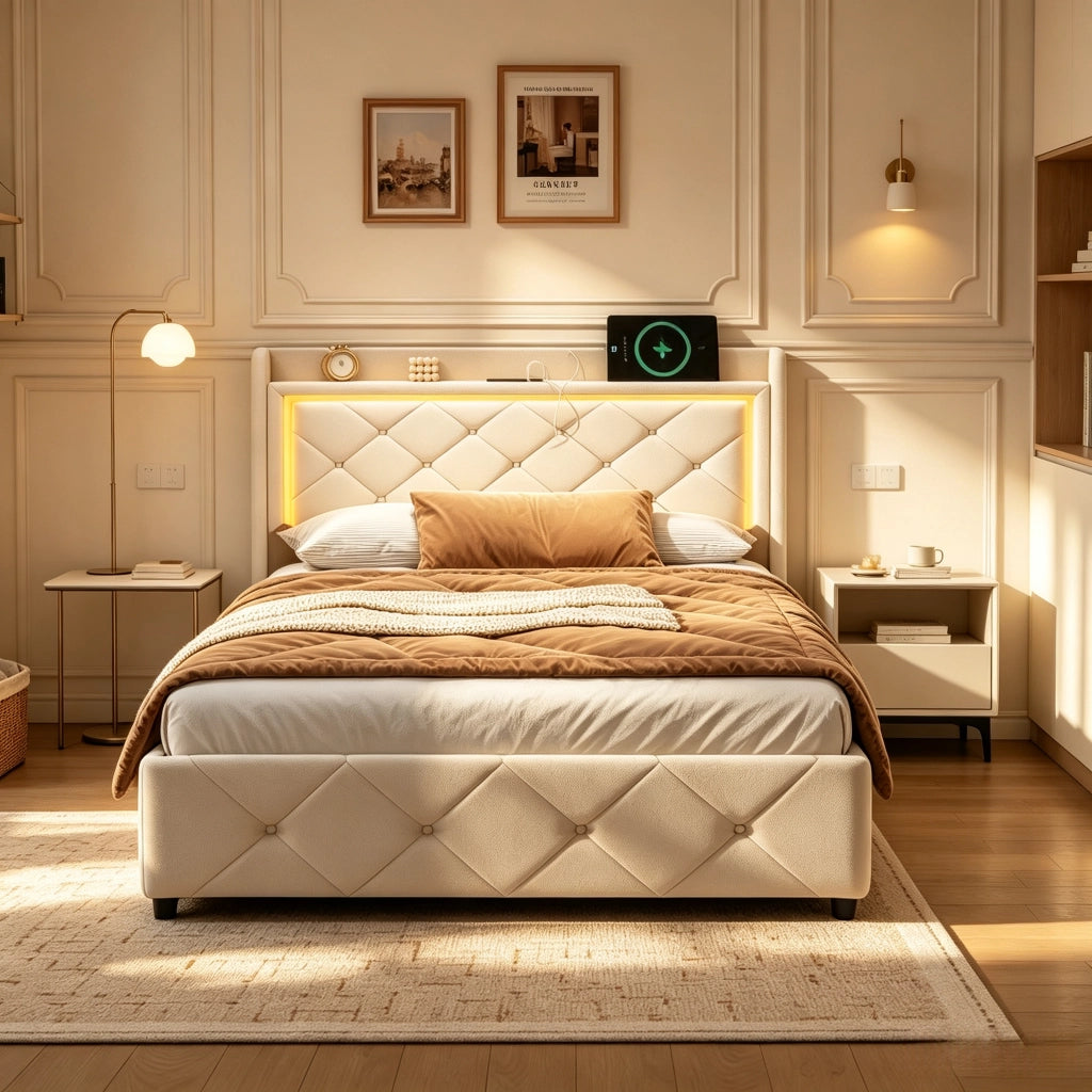 Letto singolo contenitore 90x200 cm con testiera LED e porta USB struttura letto imbottita con contenitore idraulico in velluto beige