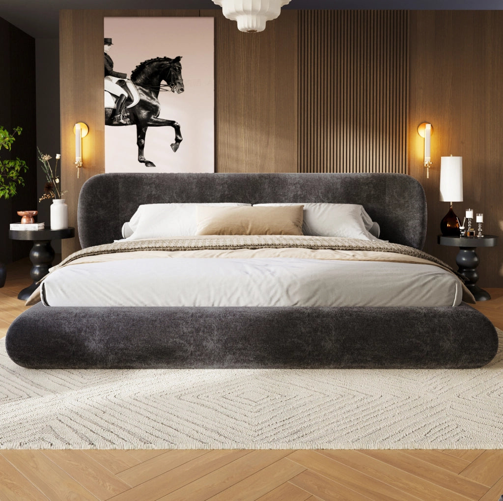 Letto matrimoniale 140x200 cm imbottito in ciniglia con rete a doghe e testiera; grigio