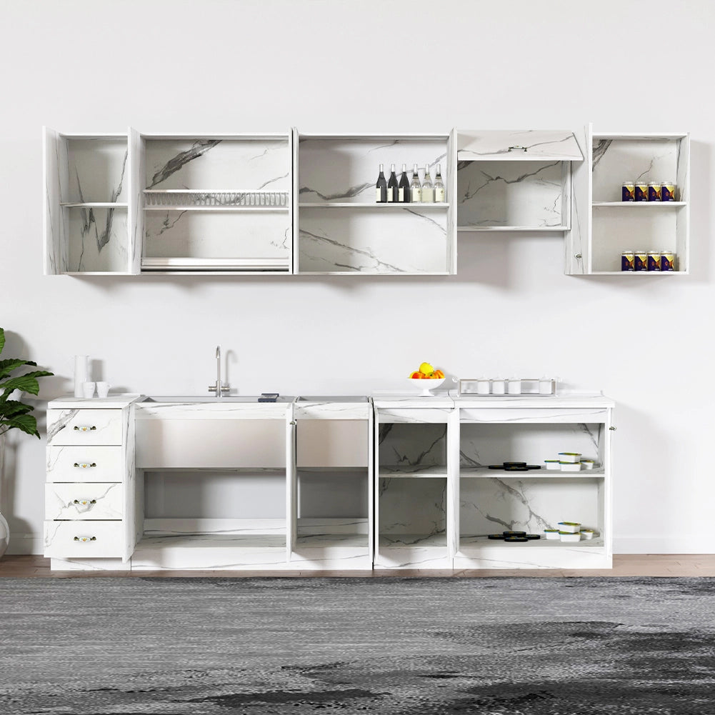 Pensile da Cucina Scolapiatti Sistema Raccogli Gocce Mobile Bianco Effetto Marmo