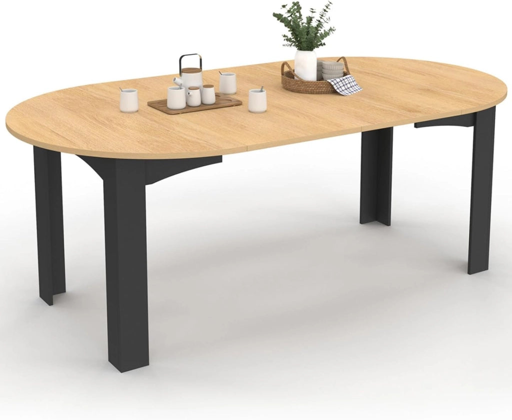 DONA Tavolo da pranzo rotondo allungabile per 4-10 persone, nero, piano effetto faggio 110-200 cm