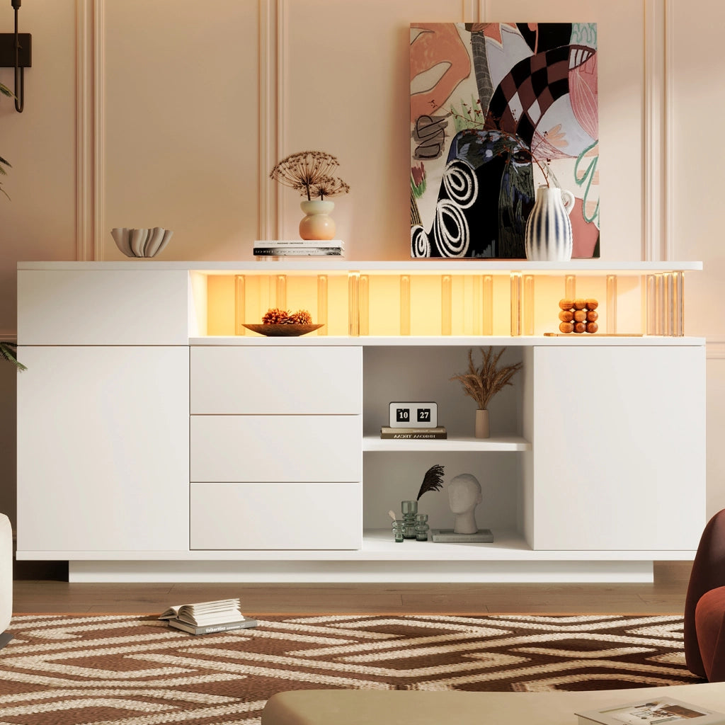 Credenza con 4 cassetti; 2 ante e LED - per soggiorno - 160×40×75 cm - bianca