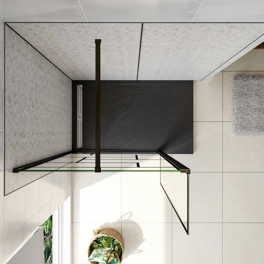 Box Doccia Walk in 140x200cm Parete Fissa 100cm + Paretina 40cm Vetro 8 mm Temperato Anticalcare Serigrafato Nero Riquadri Barra Stabilizzatrice Piatta 90 cm