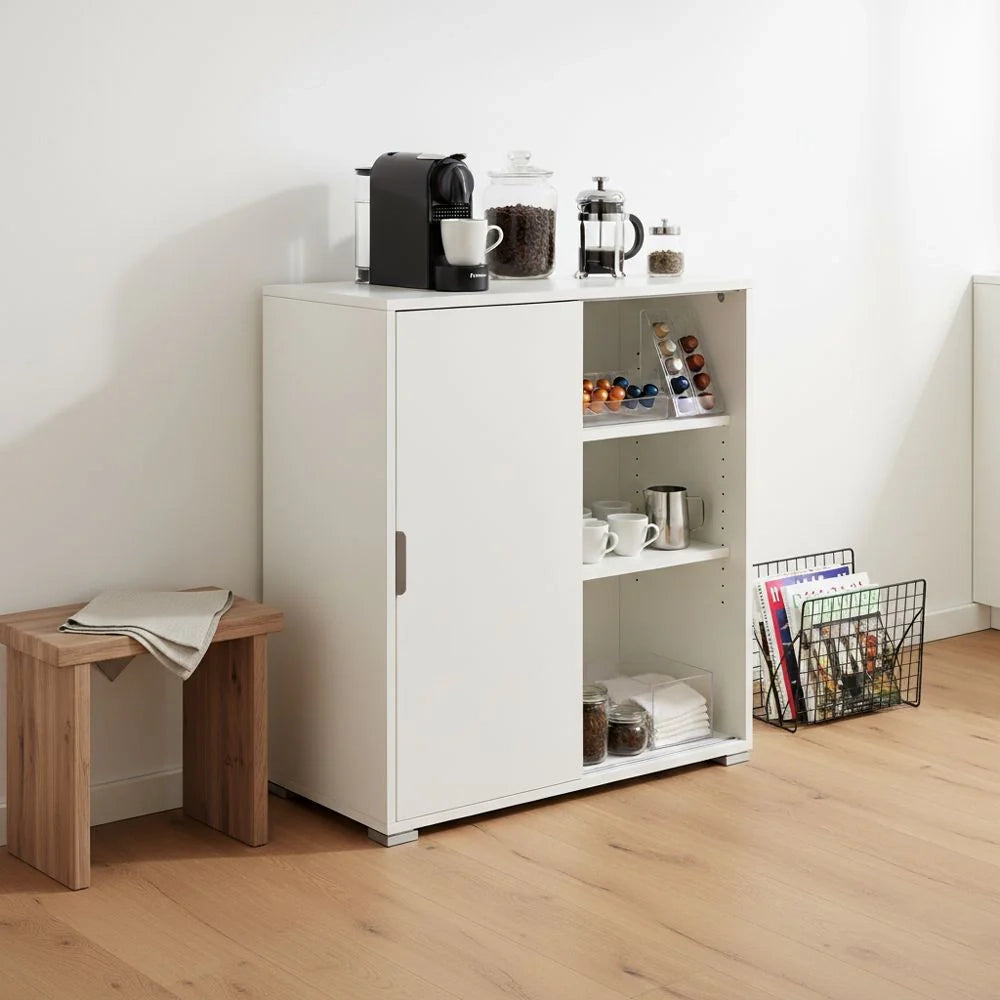 Mobiletto Base 2 Ante Scorrevoli Bianco | Armadietto Salvaspazio Moderno con 2 Ripiani Regolabili | Già Assemblato per Soggiorno, Ingresso, Bagno, Lavanderia, Studio e Cameretta