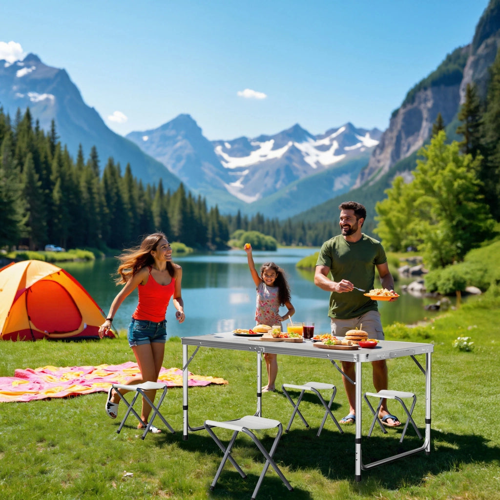 Set da campeggio con tavolo pieghevole regolabile in altezza e 4 sedie richiudibili per uso outdoor
