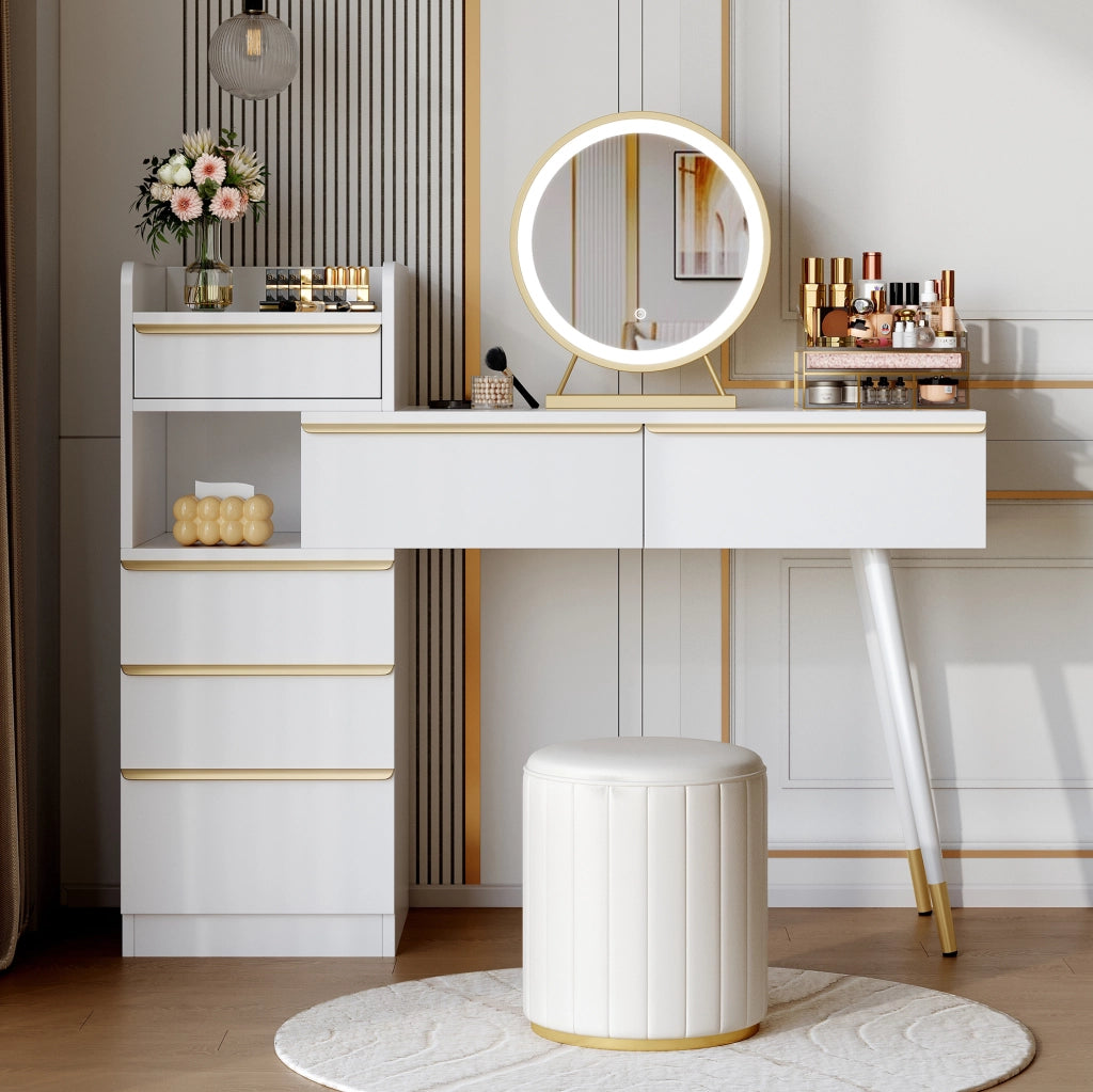Toeletta 100x41.5x102 cm con specchio LED dimmerabile e 6 cassetti in truciolare bianco