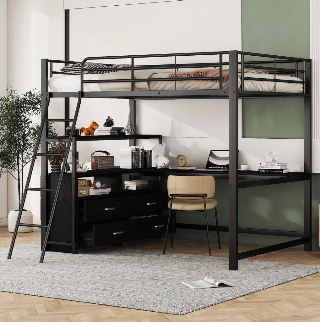 Letto a soppalco 140x200 cm con scrivania a L e cassetti, nero