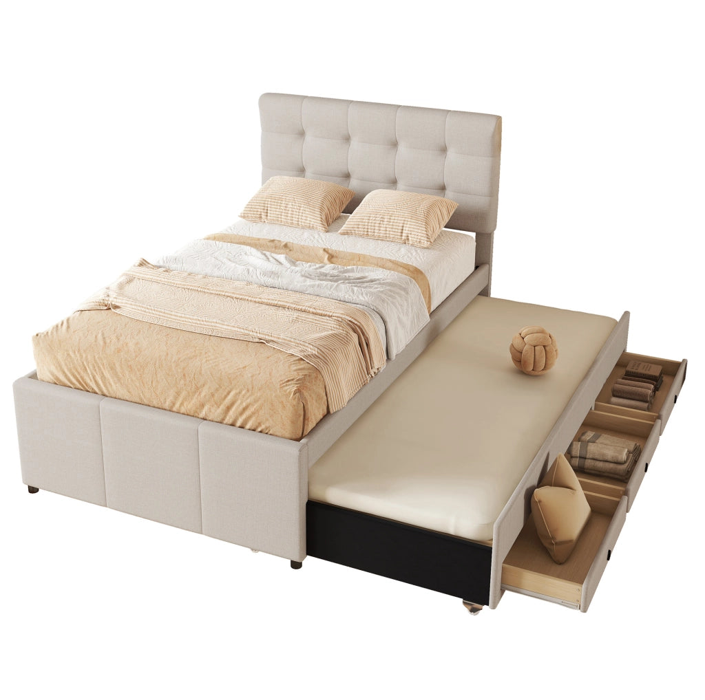 Letto singolo 90x200 cm; estraibile; 3 cassetti; testiera regolabile; lino; beige (Senza materasso)