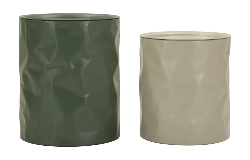 Tavolinetto Norimberga Coppia Modern in Metallo Ø 39,5x48 e 35,5x40 cm - Finitura Martellata Bianco e Verde - Design Artistico Contemporaneo