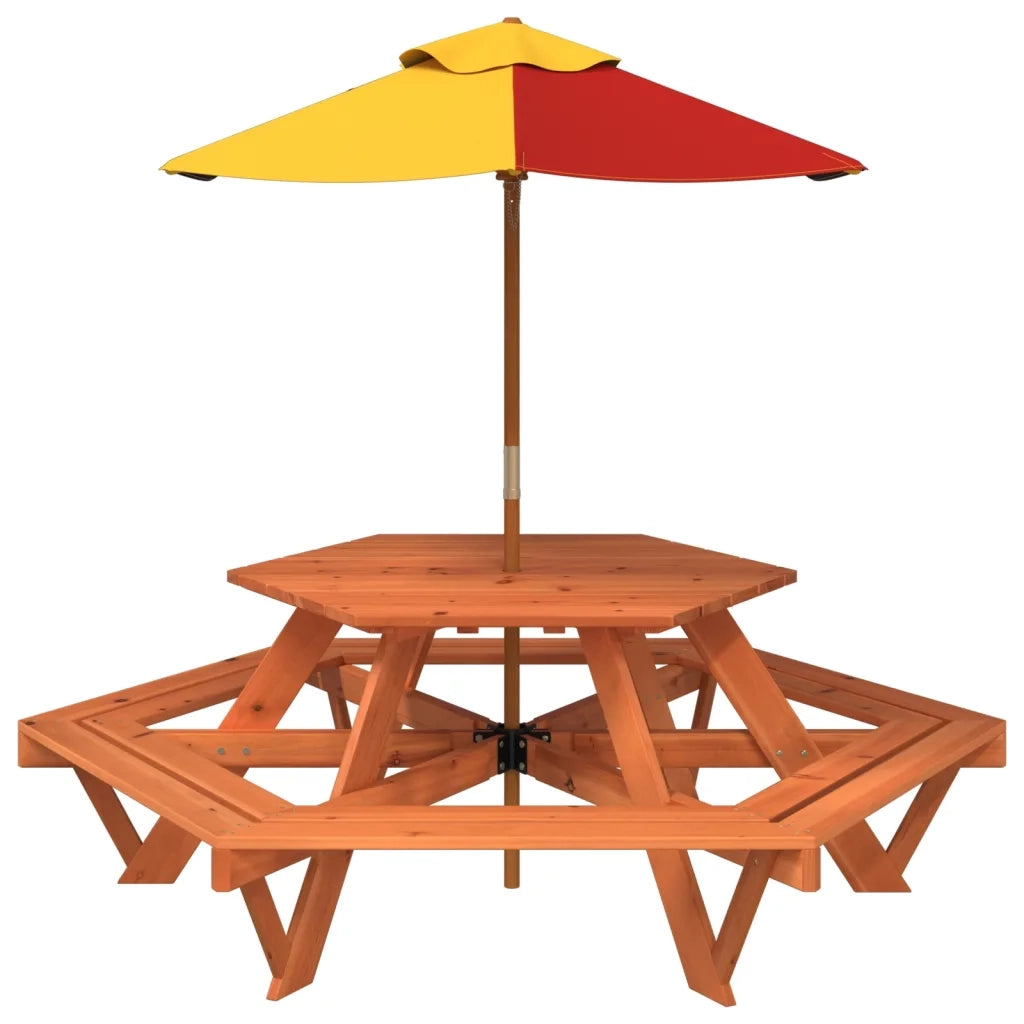 vidaXL Tavolo Picnic per 6 Bambini con Ombrellone Esagono Legno Abete