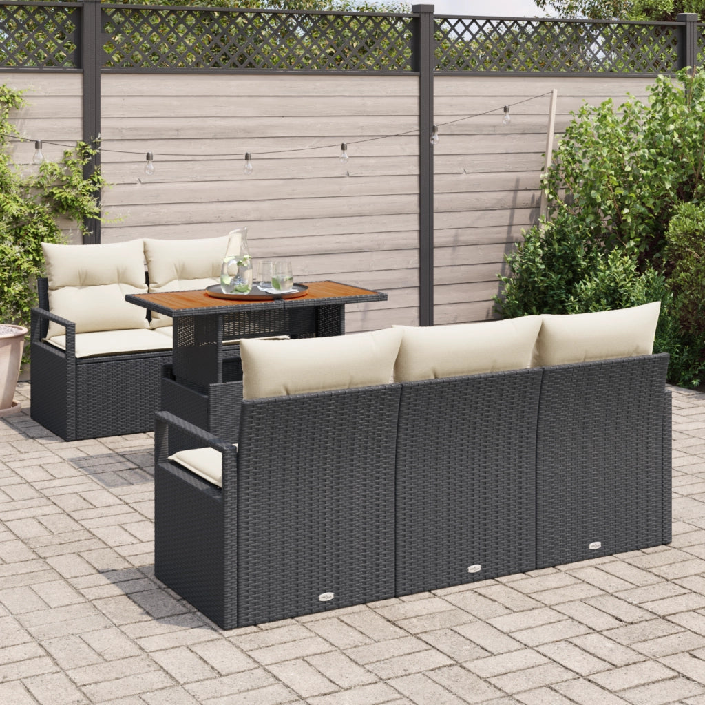Set divani da giardino  6 pezzi con cuscini in polyrattan nero e acacia