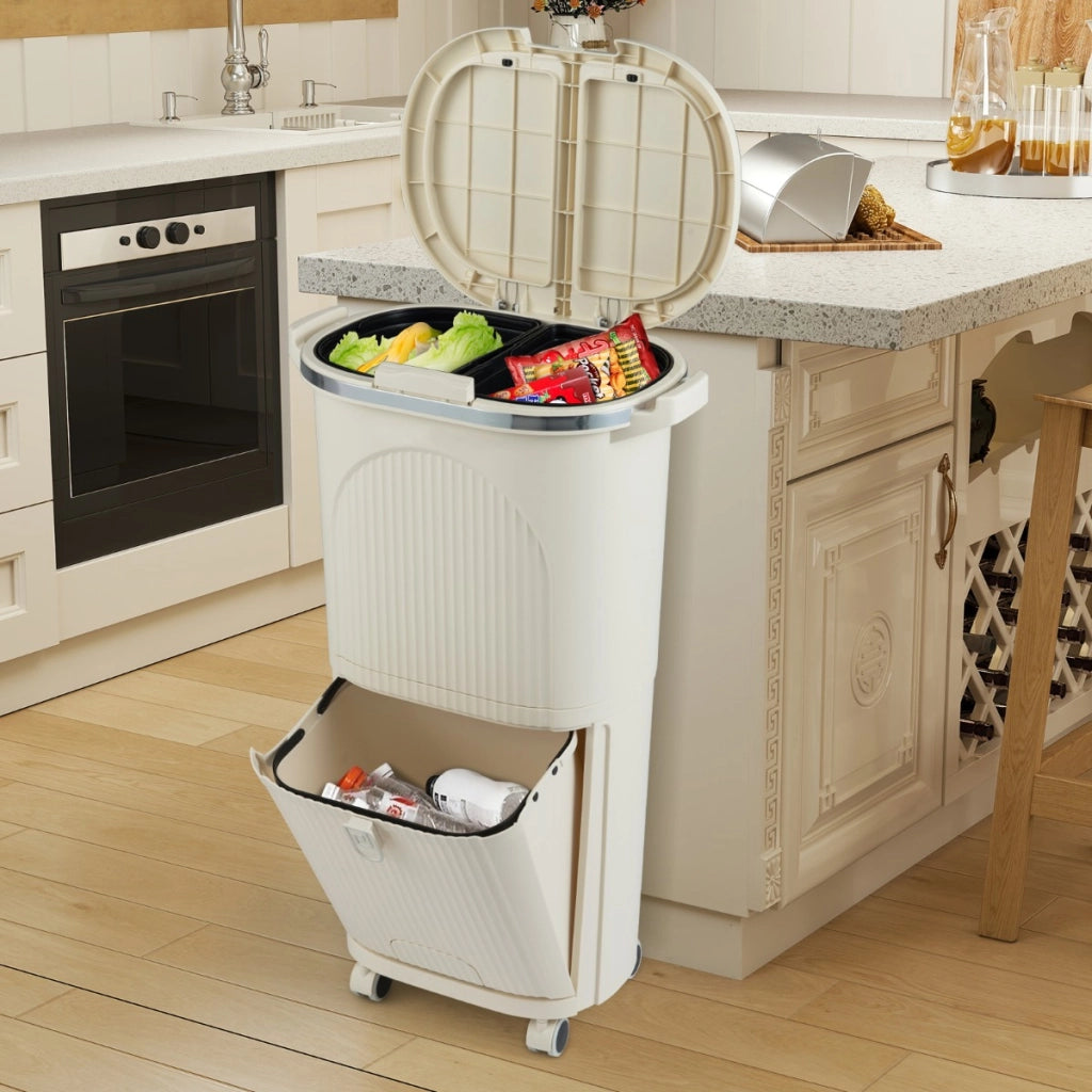 Pattumiera cucina 38l coperchi bidone differenziata 2 secchi rimovibili-Pattumiera contenitore per rifiuti soggiorno Beige
