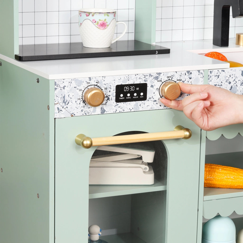 Cucina giocattolo per bambini con macchina per bevande lavello e microonde girevole in MDF verde 30 × 90 × 98 cm
