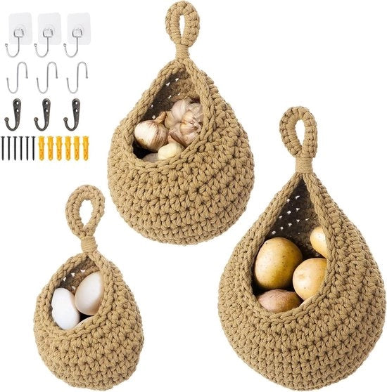 Set di contenitori per frutta e verdura appesi - set da 3 - forma goccia in tessuto - marrone