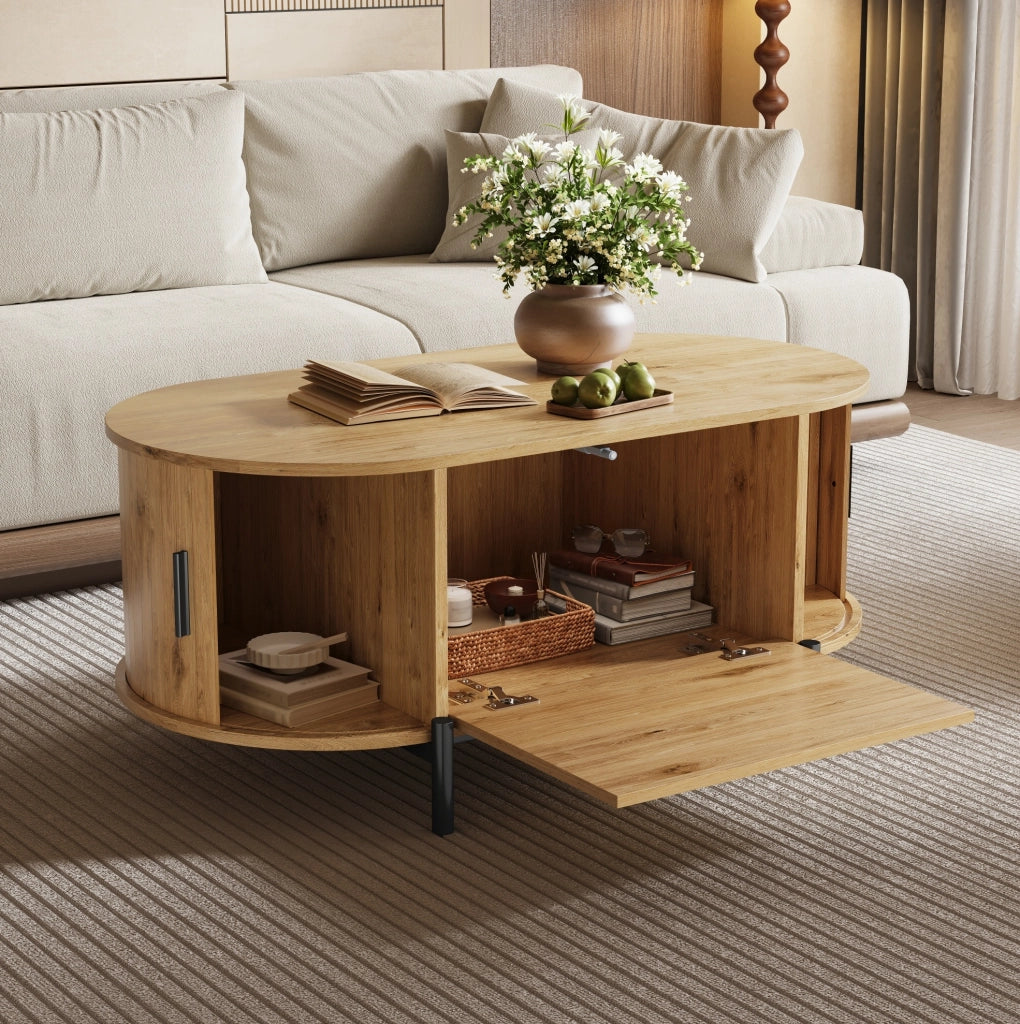 Tavolino da salotto ovale 100x50x40 cm con ante scorrevoli e vano contenitore; MDF naturale