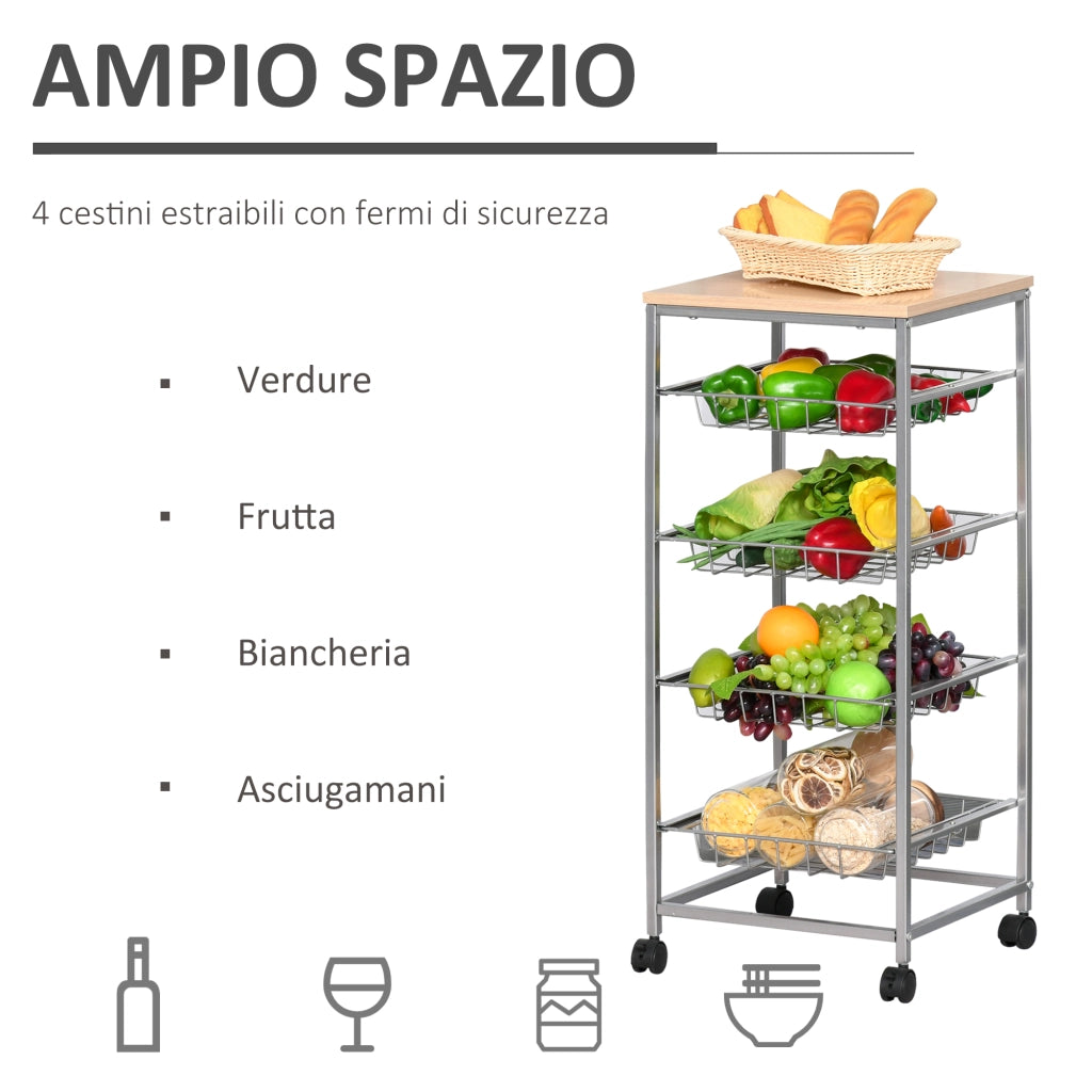 EasyComfort Carrello da Cucina Salvaspazio con 4 Cesti Estraibili in Legno e Acciaio, 36.5x36.5x89 cm, Argento e color Legno