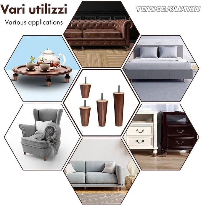 Piedini in Legno Modello Conico per Mobili e Divani | Altezza 10cm | Faggio Massello | Finitura Noce