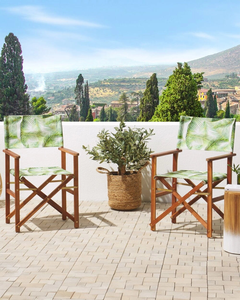 Set di 2 Sedie da regista per Giardino in Legno Scuro Trama Foglie di palma con 2 Tele intercambiabili