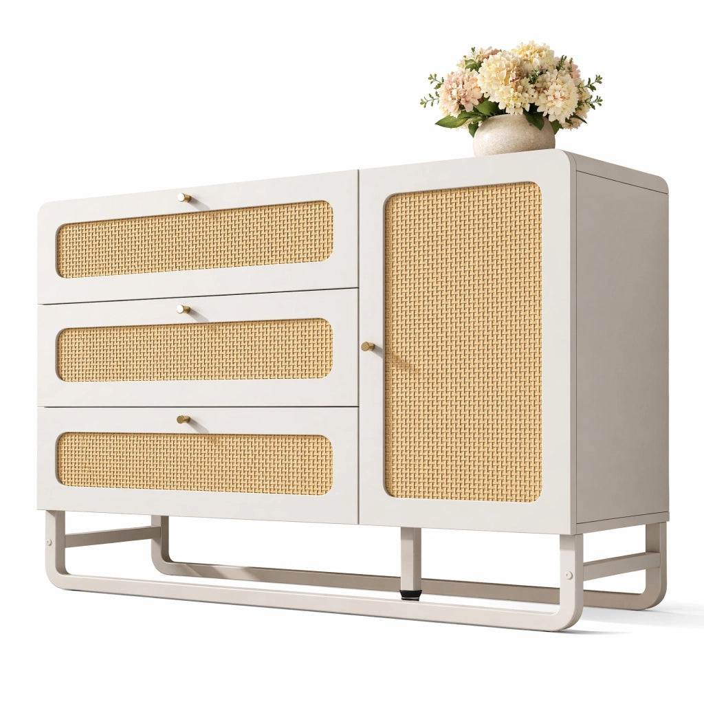 Credenza bianca 120 x 40 x 85 cm in MDF e metallo; 3 cassetti; anta e ripiani regolabili