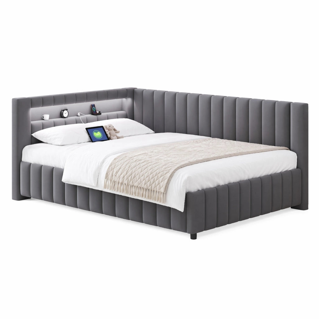 Divano letto imbottito a L 140x200 in velluto con LED e USB Grigio