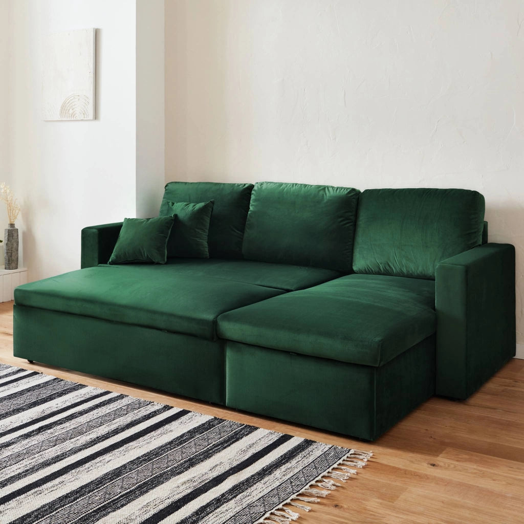 Divano letto angolare reversibile in velluto, 3 posti, verde inglese
