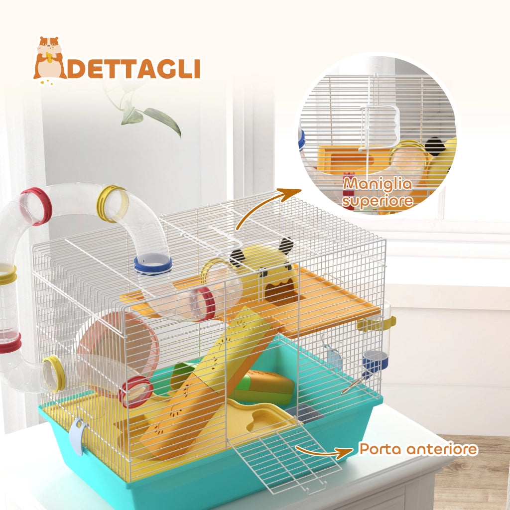 Casetta per Criceti con Ruota, Ciotola e Rampe ¨C zephmum ¨C 45x28x37 cm Bianco Azzurro