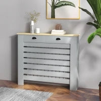 Copritermosifone in MDF a Doghe, Copricalorifero a Griglia con 2 Cassetti, 111x19x95.5 cm, Grigio