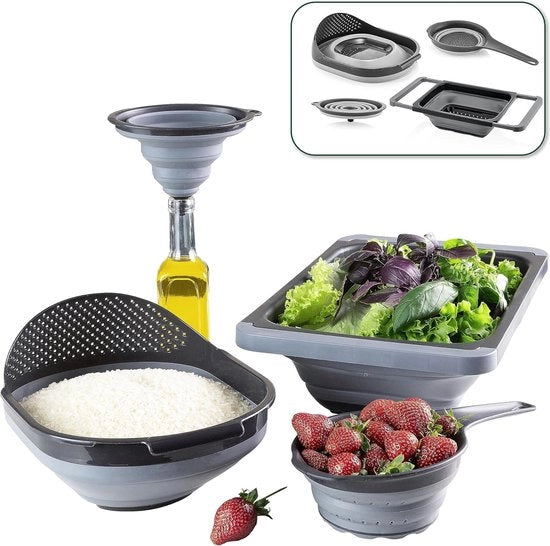 Set di setacci 4 in 1, setaccia pasta, setaccia liquido, tutti ripiegabili, accessori da cucina, accessori, di alta qualità silicone e plastica, setaccia per pentola, accessorio da cucina, accessori per campeggio
