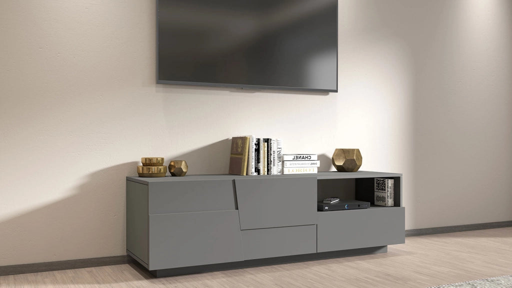 Mobile Tv 2 Anta 1 Cassetto e Ripiano a Giorno 150x45x46 cm Pongo 2A 1C Grigio Antracite Opaco