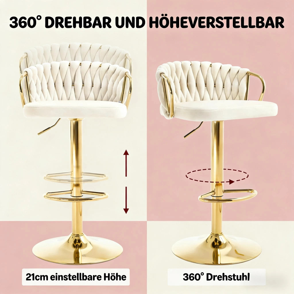 Sgabello da bar girevole in velluto crema bianco con braccioli, altezza regolabile 77-98 cm