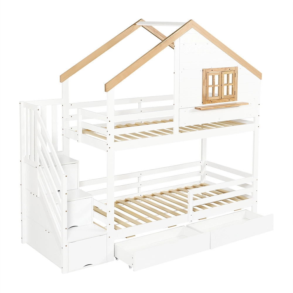 Letto a castello a casetta - Xylo - 90x200cm bianco/naturale, finestra