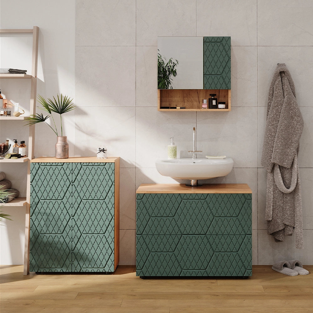 Vicco Set mobili bagno Quercia verde/oro 3 parti, con base 80 cm