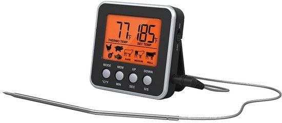 Termometro di temperatura digitale per carne con sonde in acciaio inossidabile - Raggio di misura 0-300°C - Timer batteria magnetico - Precisone ±1,8°F/1°C - Cassetta in ABS - Termometro per alimenti