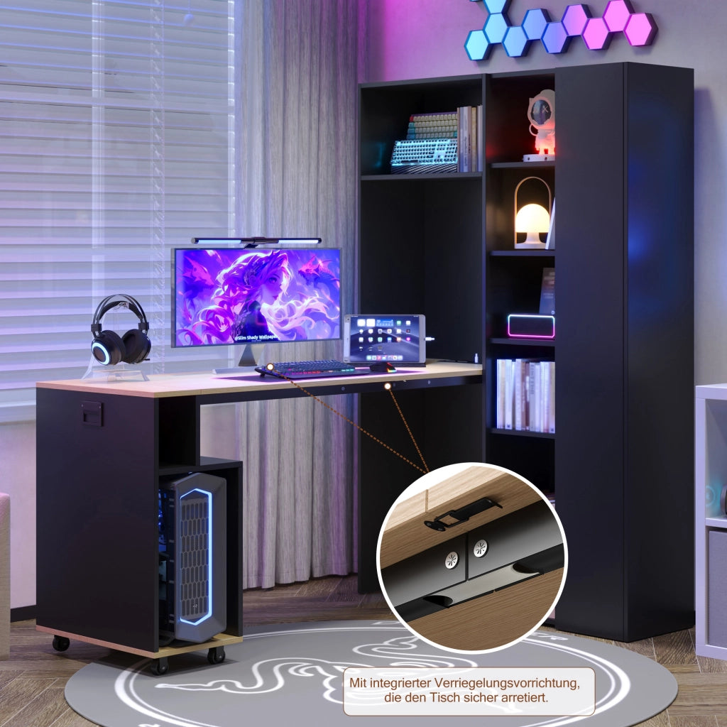 Scrivania pieghevole 2 in 1 con libreria, presa EU e USB, anti ribaltamento per home office 104,5 × 30,5 × 160 cm