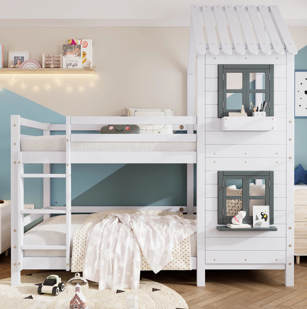 Letto a castello per bambini in pino bianco con ringhiera e finestra, 90x200 cm