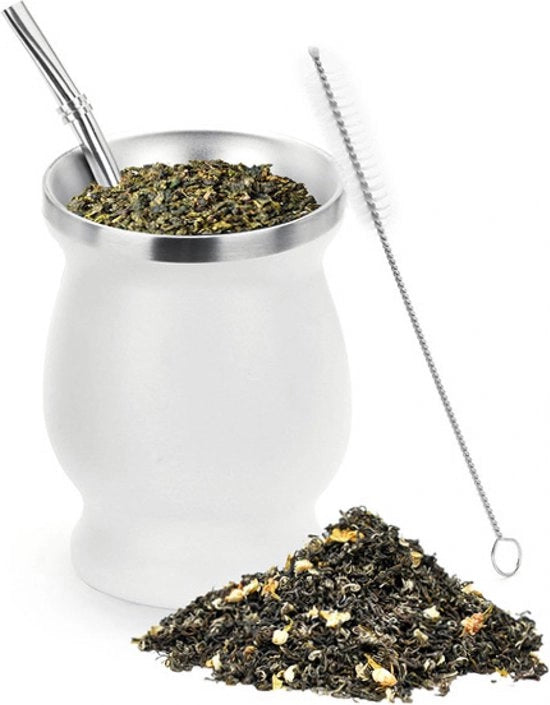 Bicchiere di Yerba Mate Moderno - Set di Avvio per Yerba Mate - Acciaio Inox - Doppio - 3 Pezzi - Bicchiere - Tradizionale - Tè - 230ml