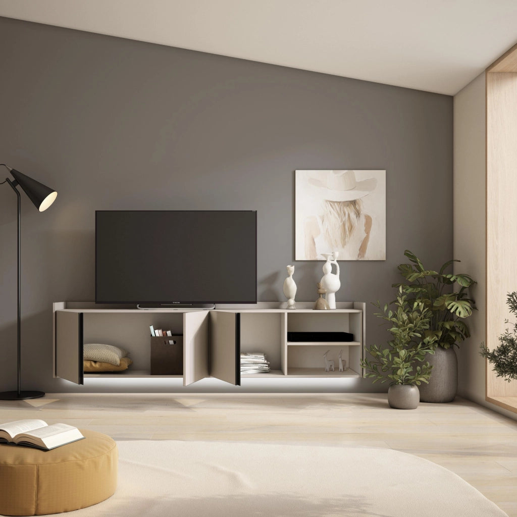 Mobile TV Soggiorno, 207x50x35 cm, Per TV fino a 80", Sospeso, da appendere, LED, Beige