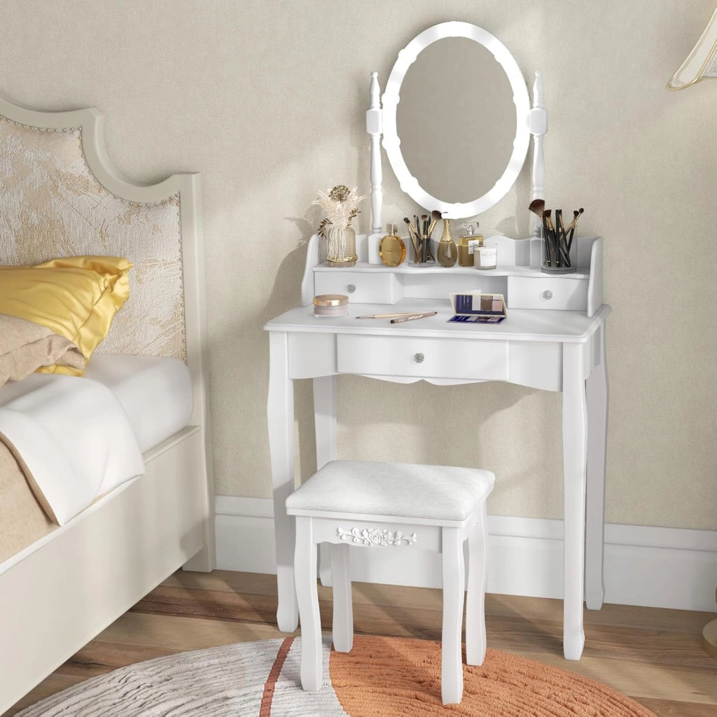 Scrivania da Toilette con Sgabello, Tavolo Vanity con Cassetti, 3 Modalità di Illuminazione, Luminosità Regolabile, Specchio Rotante a 360° Set di Tavolo per Trucco per Camera da Letto