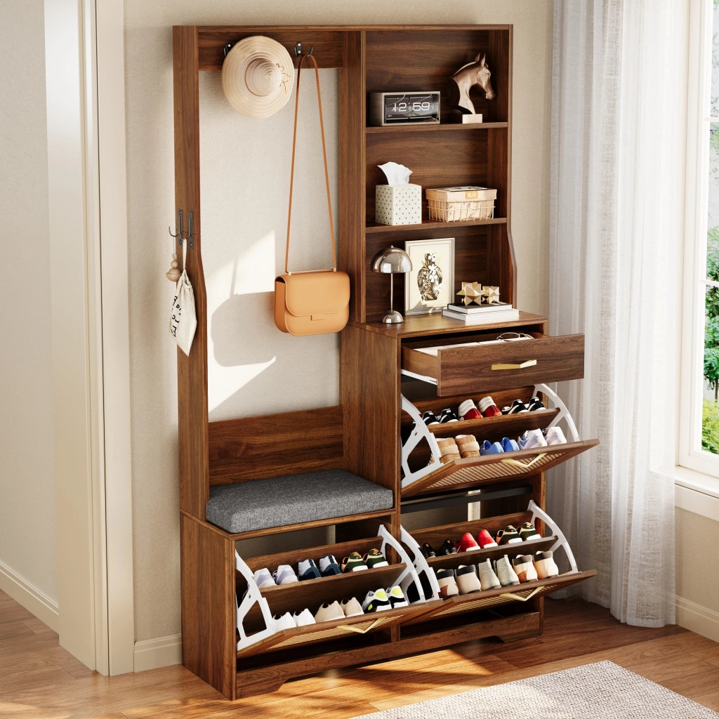 Mobile ingresso con 3 ante e ganci - per ingresso - in MDF - 100 x 30 x 170 cm - noce