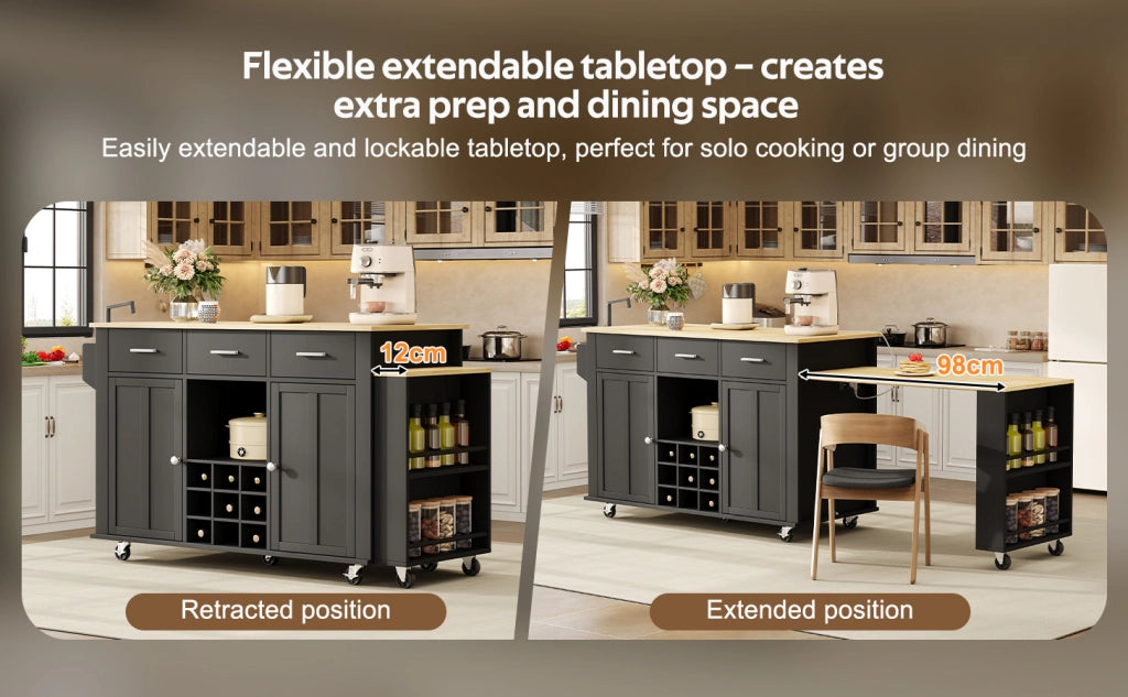 Isola cucina mobile con piano estraibile, 3 cassetti, portabottiglie, presa USB e 7 ruote, 136(223)x50x93 cm, nero/effetto naturale