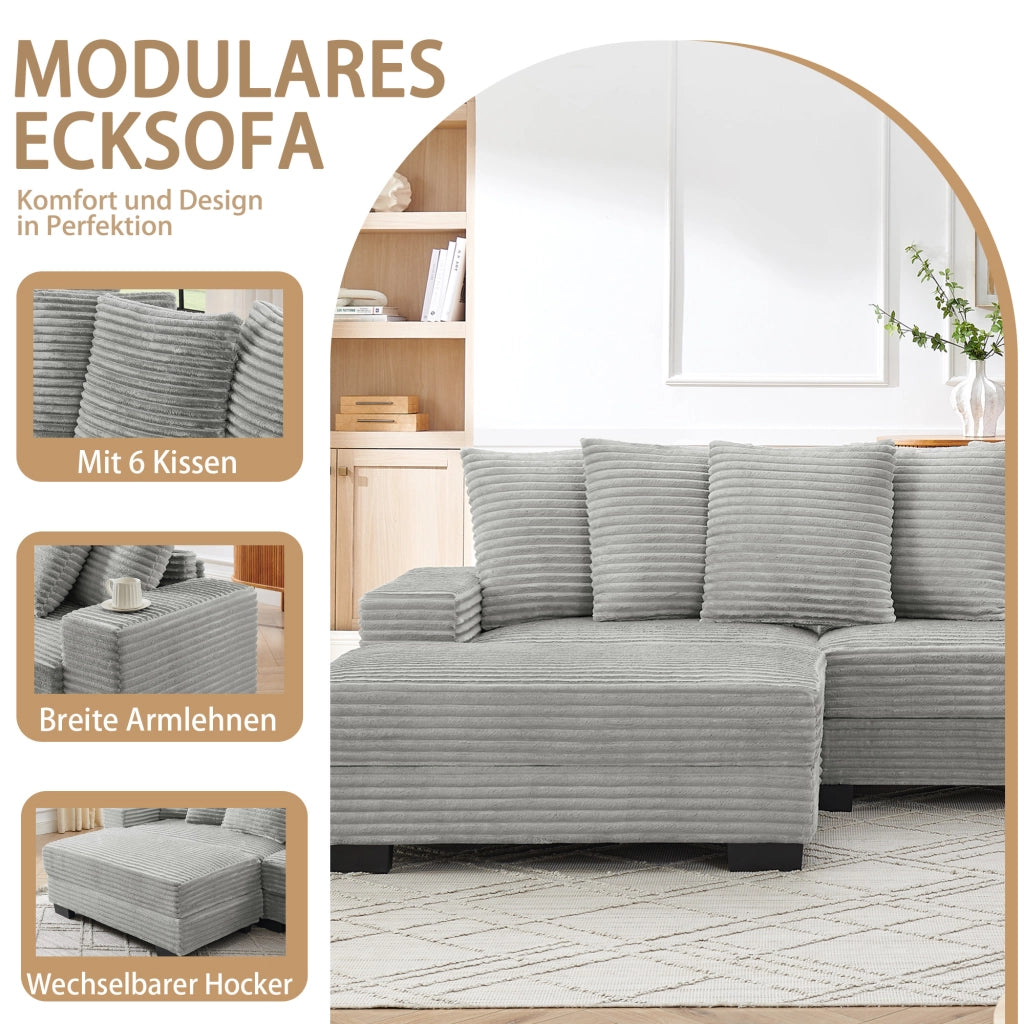 Divano angolare reversibile 4 posti con chaise longue e 6 cuscini in velluto a coste grigio 256,5 × 133,5 × 89 cm