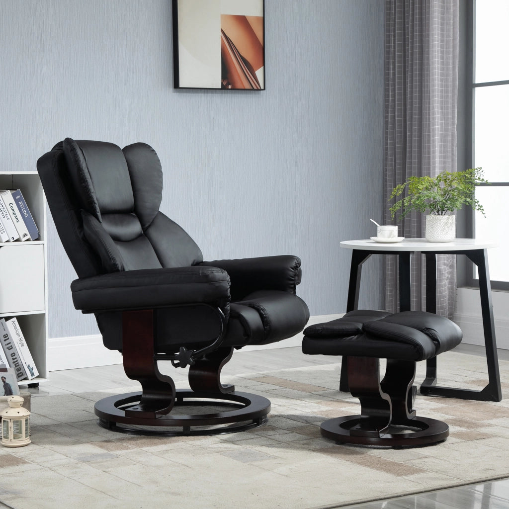 Poltrona relax girevole con sgabello, reclinabile fino a 145°, rivestimento in similpelle nera