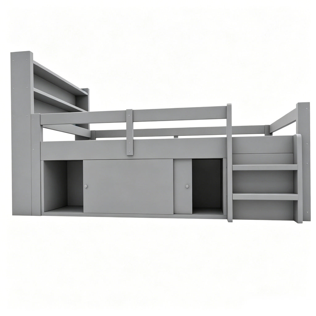 DESMIU Letto per bambini 90 × 200 cm con mensole, vani contenitori, LED, USB, senza materasso, grigio