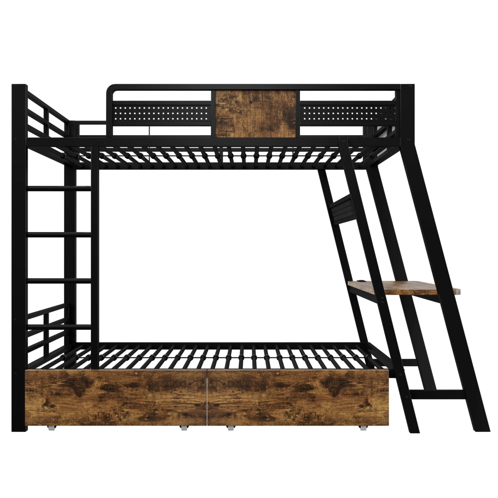 Letto a castello in metallo con scrivania integrata, LED e contenitori, 90x200 cm, nero