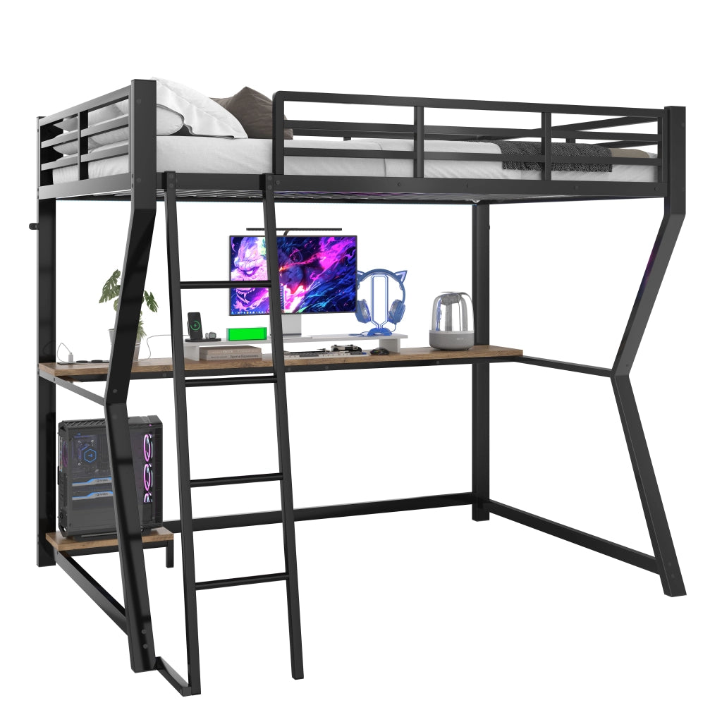 Letto a castello nero in metallo con funzione led e scrivania 90x200 cm