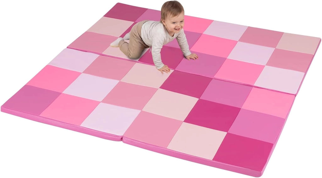 Tappeto Gioco Pieghevole, 144 x 144 cm, Tappetino da Ginnastica con Pelle Impermeabile, Tappeto da Pavimento per Cameretta (Rosa)