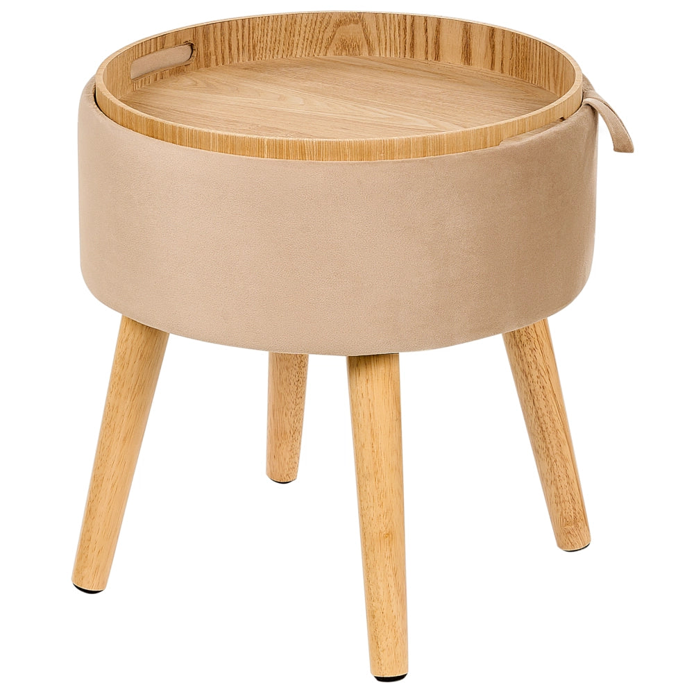 Pouf in velluto imbottito beige con vassoio contenitore stile glamour elegante soggiorno camera da letto