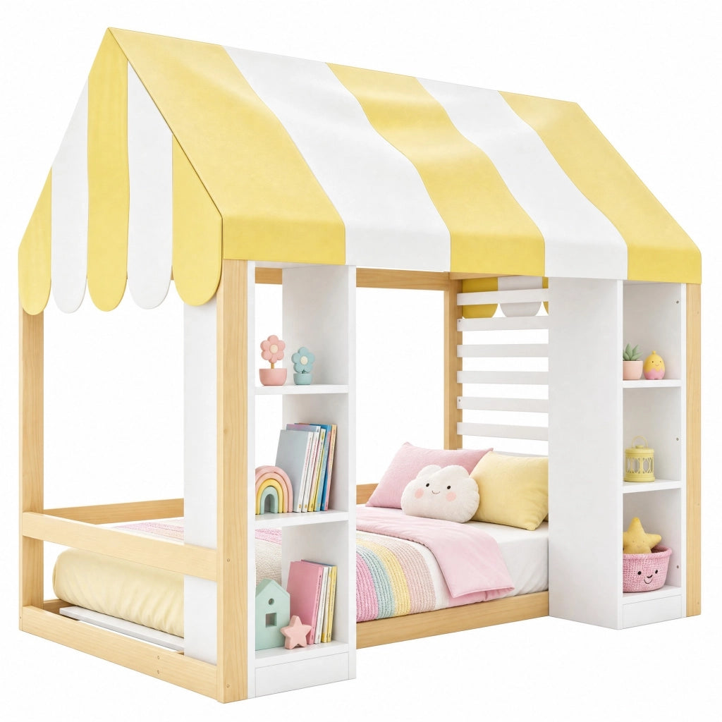 Letto a soppalco per bambini 90x200 cm con baldacchino e 2 vani portaoggetti