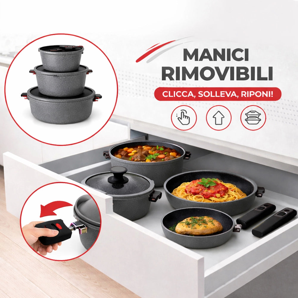 Batteria Pentole Rubino Suprem 24PZ Alluminio Pressofuso Grigio Manici Removibili